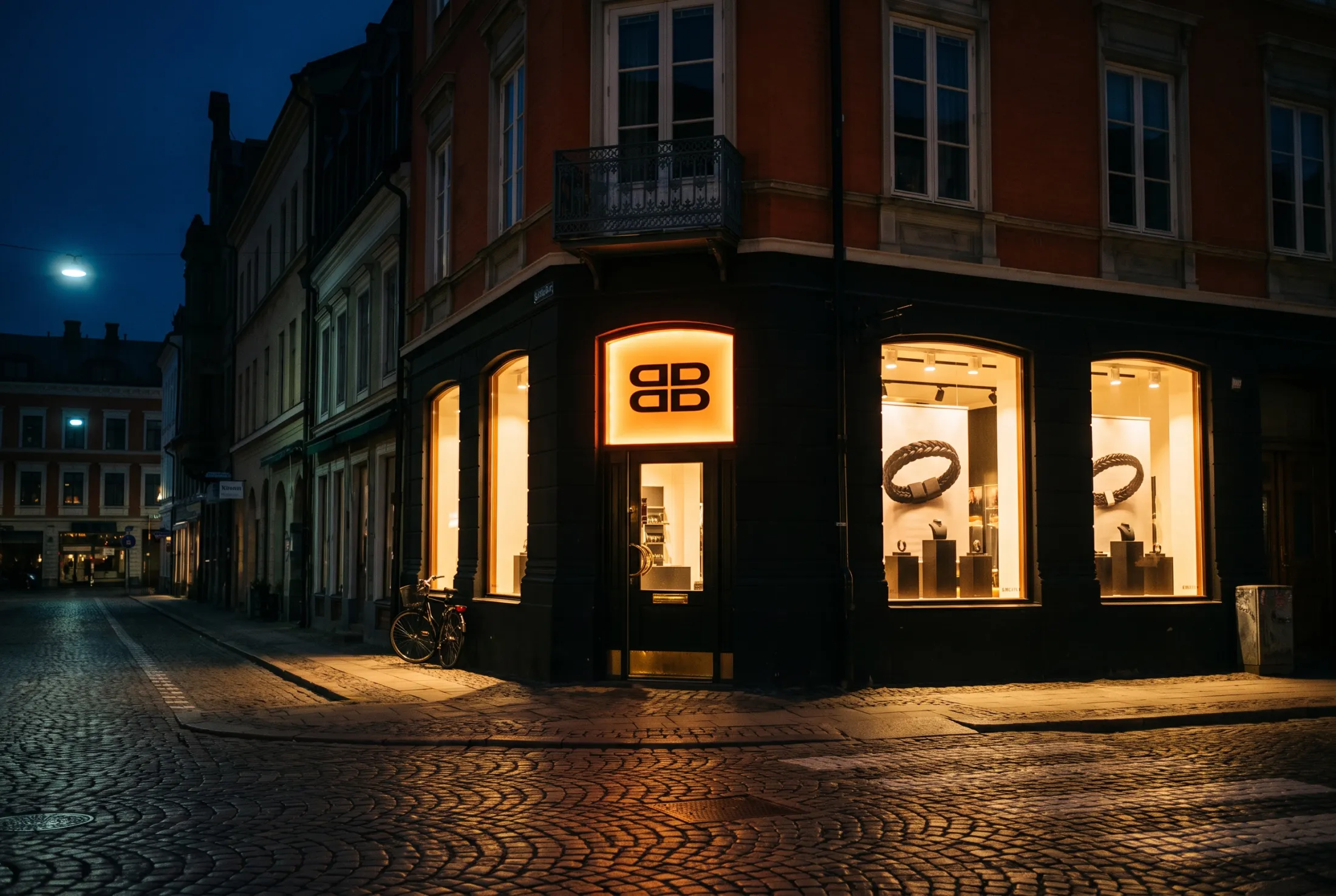 AI-generated image of Bastard Bracelet's corner store on a cobbled street in Lund at dusk, its illuminated BB sign above the door and bracelets in the lit windows